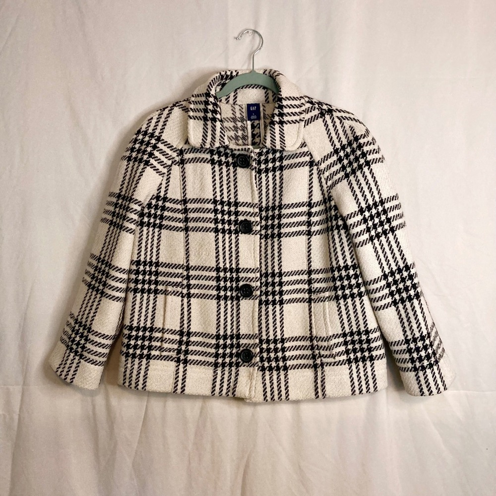 VTG 2006 GAP Black White Herringbone Plaid Wool Blend Cropped Swing Peacoat L